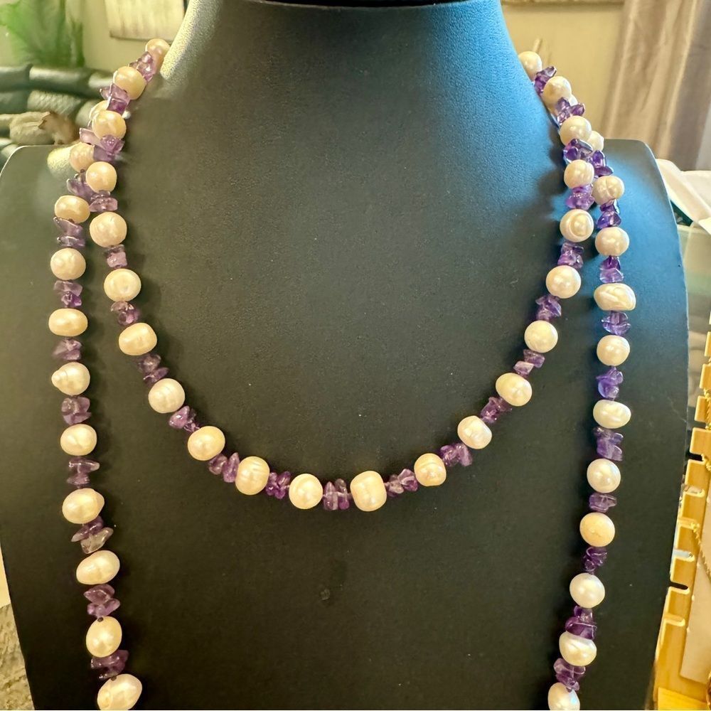 Purple Amethyst chip baroque freshwater pearl extra long double strand necklace - Picture 3 of 5